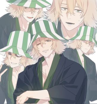 1boy beard_stubble bleach bucket_hat commentary_request facial_hair hat highres japanese_clothes kimono male_focus open_clothes open_kimono solo striped_hat stubble urahara_kisuke usa_chaan