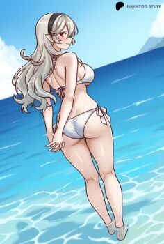 Rule 34 | arms behind back, ass, beach, bikini, breasts, female corrin (fire emblem), fire emblem, fire emblem fates, grey hair, hayato stuff, highres, large breasts, looking at viewer, looking back, nintendo, outdoors, pointy ears, red eyes, swimsuit
