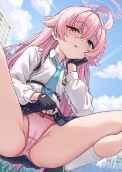 1girl abydos_high_school_logo ahoge ass black_gloves black_shirt black_skirt blue_archive blue_eyes blue_necktie blue_sky blush cameltoe chest_harness clothes_lift cloud collared_shirt commentary_request fingerless_gloves from_below gloves grass hair_between_eyes hair_over_shoulder half-closed_eyes halo hand_on_own_cheek hand_on_own_face hand_up harness heterochromia highres hoshino_(blue_archive) huge_ahoge id_card knees_up lifting_own_clothes loli long_hair long_sleeves looking_at_viewer milkshakework necktie outdoors paid_reward_available panties pink_hair pink_halo pink_panties plaid_clothes shirt skirt skirt_lift sky socks solo squatting thighs underwear white_shirt white_socks yellow_eyes