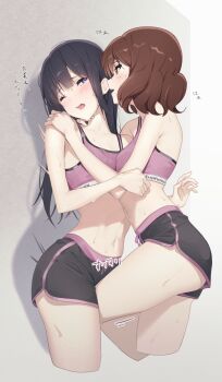 Rule 34 | 2girls, ;o, ass, black hair, black shorts, breasts, brown eyes, brown hair, cropped legs, hibike! euphonium, highres, kousaka reina, lie lack1080, long hair, medium breasts, medium hair, midriff, multiple girls, navel, one eye closed, oumae kumiko, pink sports bra, purple eyes, short shorts, shorts, sports bra, stomach, sweat, thighs, yuri