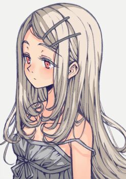 1girl blonde_hair breasts cleavage closed_mouth collarbone commentary_request dress ephtracy gakuen_idolmaster grey_dress hair_behind_ear hair_ornament hair_over_shoulder hairclip idolmaster light_blush long_hair medium_breasts red_eyes revision shinosawa_hiro simple_background solo upper_body white_background