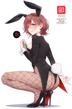 1girl 2023 anger_vein animal_ears ass bent_v black_coat black_footwear black_leotard black_pantyhose blush breasts brown_hair clenched_teeth coat fake_animal_ears fingernails fishnet_pantyhose fishnets full-face_blush full_body happy_new_year high_heels highres higuchi_madoka holding holding_tray idolmaster idolmaster_shiny_colors leotard looking_at_viewer medium_breasts mole mole_under_eye nail_polish new_year pantyhose playboy_bunny rabbit_ears rabbit_tail simple_background solo spoken_anger_vein squatting sweatdrop tail tailcoat teeth toujou_masateru tray v white_background