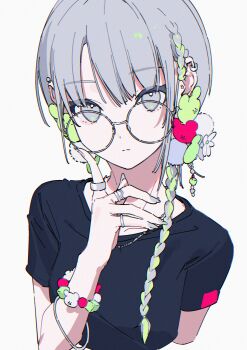 1girl absurdres adjusting_eyewear black_shirt bracelet braid closed_mouth commentary earclip expressionless grey_eyes grey_hair grey_nails hair_ornament highres jewelry looking_at_viewer multicolored_hair multiple_rings nail_polish necklace original pom_pom_(clothes) pom_pom_hair_ornament ring ritao_kamo round_eyewear shirt simple_background single_braid solo streaked_hair t-shirt two-tone_hair upper_body white_background