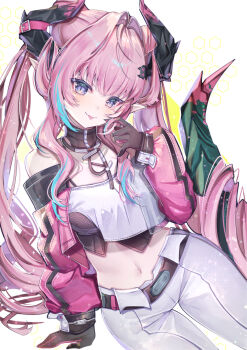 1girl :p arknights arknights:_endfield arm_support asa_no_ha_(pattern) bare_shoulders black_gloves black_horns blue_hair blush breasts closed_mouth commentary crop_top english_commentary gloves hand_in_own_hair highres horns light_smile long_hair long_sleeves medium_breasts mixed-language_commentary multicolored_hair navel pants pink_hair pink_horns pointy_ears purple_eyes seigaiha solo streaked_hair tactoki tongue tongue_out white_background white_pants yvonne_(arknights)