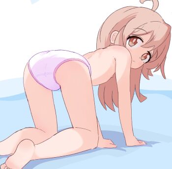 1girl absurdres ahoge all_fours ass barefoot breasts brown_eyes flat_chest genderswap genderswap_(mtf) highres loli long_hair looking_at_viewer looking_back nipples onii-chan_wa_oshimai! oyama_mahiro panties pepzi solo underwear