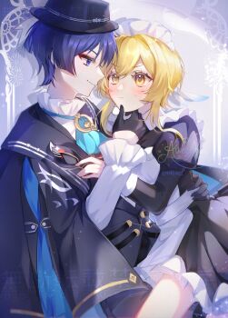 Rule 34 | 1boy, 1girl, alternate costume, apron, artist name, artistic error, ascot, avesaoi, black cloak, black dress, black gloves, black hat, black mask, black sleeves, blonde hair, blue ascot, blue feathers, blunt ends, blush, boater hat, cat mask, cloak, closed mouth, collared shirt, commentary, domino mask, dress, dress shirt, english commentary, enmaided, eye mask, eyelashes, eyeliner, eyeshadow, feather hair ornament, feathers, formal clothes, frilled dress, frilled shirt collar, frilled sleeves, frills, genshin impact, glint, gloves, gold, gold trim, gradient feathers, hair ornament, half gloves, hand on another's back, hand on another's chin, hat, hetero, highres, holding, holding mask, juliet sleeves, long sleeves, looking at another, lumine (genshin impact), maid, maid apron, maid headdress, makeup, mask, official alternate costume, puffy sleeves, purple eyes, purple hair, red eyeliner, red eyeshadow, scaramouche (genshin impact), shadow, shirt, short hair, short hair with long locks, sidelocks, smile, sweatdrop, tareme, tsurime, twitter username, undershirt, wanderer (genshin fes 2026) (genshin impact), wanderer (genshin impact), watermark, wavy mouth, white apron, white feathers, white headdress, white shirt, white sleeves, white trim, yellow eyes