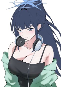 1girl absurdres aqua_jacket atsuko_(blue_archive) atsuko_(swimsuit)_(blue_archive) black_camisole blue_archive blue_halo breasts camisole cleavage halo headphones headphones_around_neck highres jacket katagiri_nanoka official_alternate_costume saori_(blue_archive) saori_(swimsuit)_(blue_archive) simple_background solo upper_body white_background
