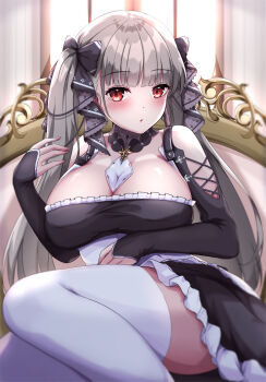 1girl azur_lane bare_shoulders between_breasts black_dress breasts cleavage clothing_cutout commentary_request detached_collar dress feet_out_of_frame formidable_(azur_lane) frilled_dress frills grey_hair highres indoors large_breasts lius long_hair long_sleeves looking_at_viewer necktie necktie_between_breasts red_eyes ribbon shoulder_cutout solo thighhighs twintails two-tone_dress two-tone_ribbon very_long_hair white_thighhighs