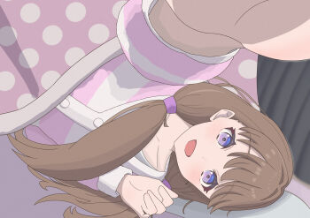 1girl :d absurdres brown_hair cardigan closed_curtains collarbone commentary_request curtains dutch_angle fujishima_megumi hasutousan highres link!_like!_love_live! long_hair looking_at_viewer love_live! low_twintails lying on_side open_mouth pink_cardigan purple_eyes selfie smile solo striped_cardigan twintails virtual_youtuber