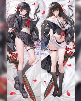1girl artist_logo black_boots black_bra black_choker black_hair black_panties black_shirt black_skirt black_socks blush boots bra breasts chisa_(wuthering_waves) choker closed_mouth clothes_lift collarbone commentary crop_top dakimakura_(medium) hair_ribbon highres libero_art logo long_hair looking_at_viewer medium_breasts merchandise multiple_views navel neckerchief no_shoes off_shoulder panties red_eyes red_neckerchief red_petals red_ribbon ribbon shirt skirt skirt_lift socks stomach sword thigh_strap thighs underwear weapon wuthering_waves
