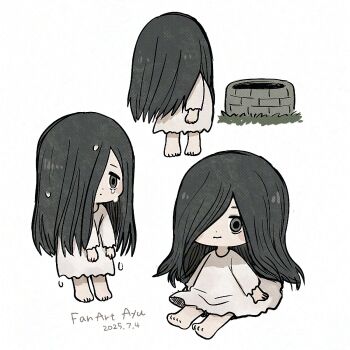 Rule 34 | 1girl, artist name, ayu (mog), barefoot, black hair, chibi, chibi only, closed mouth, commentary, dated, dress, full body, grass, grey eyes, hair over one eye, highres, long hair, long sleeves, multiple views, sitting, standing, the ring, very long hair, well, wet, white dress, yamamura sadako