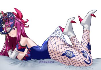 1girl ass blue_leotard breasts elbow_gloves fascinator fire_emblem fire_emblem_engage fishnet_pantyhose fishnets gloves high_heels highres ivy_(fire_emblem) large_breasts leotard long_hair looking_at_viewer lying mole mole_under_mouth nintendo novasvr on_stomach pantyhose purple_eyes purple_hair see-through_clothes see-through_headwear spiked thighhighs thorn_print white_gloves