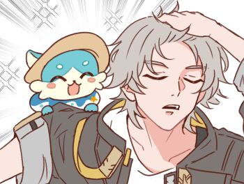 1boy 1other adzukizu animal_ears animal_nose arm_up bishie_sparkle black_coat blue_fur blush_stickers brown_hat bubbles_(honkai:_star_rail) caelus_(honkai:_star_rail) chimera_(honkai:_star_rail) closed_eyes coat collarbone creature grey_hair hand_on_own_head hashtag-only_commentary hat highres honkai:_star_rail honkai_(series) hood hooded_coat innertube lapels long_sleeves male_focus meme motion_lines naoya_hitting_choso_without_looking_(meme) open_clothes open_coat open_mouth shirt short_hair simple_background smile star_(symbol) star_print sun_hat swim_ring t-shirt teeth trailblazer_(honkai:_star_rail) two-sided_coat two-sided_fabric two-tone_fur white_background white_fur white_shirt yellow_coat