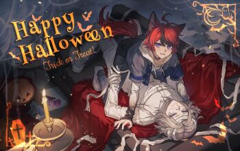 2boys ahoge alternate_costume animal_ears aotsuki_eito bandaged_head bandages black_gloves black_nails black_pants black_streaks blue_eyes boy_on_top candle candlestand candy chinese_commentary collar commentary commentary_request couch crescent dog_boy dog_ears dog_tail embarrassed english_commentary english_text fire food glasses gloves grey_hair grey_jacket halloween happy_halloween highres hood hoodie jack-o&#039;-lantern jacket jacket_over_hoodie kemonomimi_mode light_blush long_sleeves looking_at_viewer lying male_focus mixed-language_commentary multicolored_hair multiple_boys on_back on_couch pants purple_collar purple_eyes red_hair sevenleaves7 shoes short_hair smile straddling straitjacket streaked_hair sumino_takumi tail the_hundred_line_-last_defense_academy- thigh_strap white_hoodie white_pants white_shoes wrapped_candy yaoi