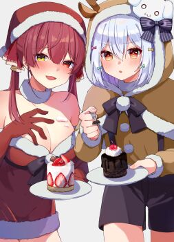 1boy 1girl absurdres alternate_costume animal_costume animal_hood anmi_ilust black_shorts blush breasts brown_capelet cake capelet cherry cleavage commentary_request cowboy_shot dress elbow_gloves food fork fruit fur-trimmed_capelet fur-trimmed_hood fur_choker fur_trim gloves grey_hair hat heterochromia highres holding holding_fork holding_plate hololive hood hooded_capelet houshou_marine inuyama_tamaki large_breasts long_sleeves looking_at_viewer multiple_girls noripro open_mouth parted_lips plate red_dress red_eyes red_gloves red_hair reindeer_costume reindeer_hood santa_costume santa_dress santa_hat shorts smile strapless strapless_dress strawberry strawberry_cake virtual_youtuber white_background yellow_eyes