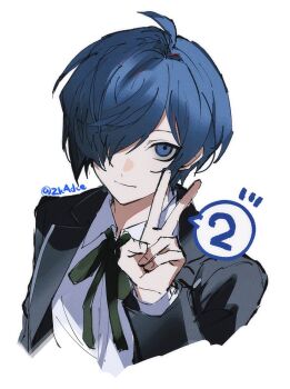 1boy ahoge artist_name black_jacket black_ribbon blue_eyes blue_hair collared_shirt commentary_request cropped_torso hair_over_one_eye hand_up highres jacket long_sleeves male_focus neck_ribbon one_eye_covered persona persona_3 persona_3_reload ribbon shirt short_hair simple_background solo v white_background yuuki_makoto_(persona_3) zeka_(skzk_cm)