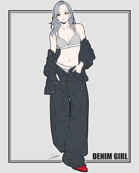 1girl baggy_pants bambi_surprise black_jacket black_pants commentary english_commentary facing_viewer full_body grey_eyes grey_hair grey_pants grey_sports_bra highres jacket jacket_partially_removed long_hair navel open_fly original pants red_shoes shoes signature solo sports_bra standing stomach