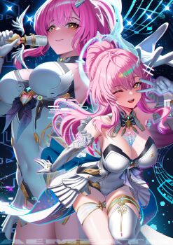 1girl absurdres aemeath_(wuthering_waves) bare_shoulders blush breasts cleavage closed_mouth commentary covered_navel cruzvu elbow_gloves english_commentary glitch gloves hair_ornament hand_up highres holding holding_microphone large_breasts leotard looking_at_viewer microphone multiple_views one_eye_closed open_mouth orange_eyes pink_hair ponytail showgirl_skirt skirt smile sparkle star-shaped_pupils star_(symbol) strapless strapless_leotard symbol-shaped_pupils tacet_mark_(wuthering_waves) thighs v white_gloves white_leotard white_skirt wuthering_waves