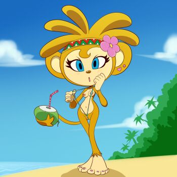 1girl :o amiga beach blue_eyes breasts breasts_out brown_hair clitoris coconut colored_skin curvy earrings fat_mons feet flower flower_on_head furry headband highres holding holding_with_tail jewelry lonbluewolf long_hair monkey monkey_girl monkey_tail navel nipples prehensile_tail samba_de_amigo sega shiny_skin slingshot_swimsuit swimsuit tail toes wide_hips