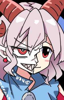 Rule 34 | 1girl, black background, blue dress, commentary request, cracked kawaii mask, cracked mask, dress, e.o., grey hair, highres, horns, pointy ears, red eyes, red horns, sharp teeth, sheep horns, simple background, solo, teeth, touhou, toutetsu yuuma, upper body