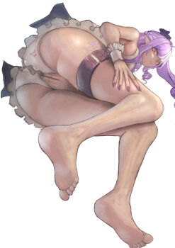 1girl absurdres ass barefoot belt commentary_request covering_crotch covering_privates dress feet from_below highres long_hair looking_at_viewer momoken2004_(inb6k7) panties pointy_ears pout purple_eyes red_eyes simple_background soles solo thigh_belt thigh_strap thighs toes underwear upskirt vivian_banshee white_background white_panties zenless_zone_zero