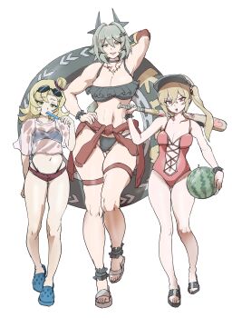 3girls absurdres baseball_bat bikini blonde_hair breasts caesar_king_(zenless_zone_zero) comic_hand crocs flat_chest food fruit grey_hair highres jewelry large_breasts looking_at_viewer luciana_de_montefio medium_breasts multiple_girls one-piece_swimsuit piper_wheel red_eyes short_shorts shorts simple_background standing swimsuit tall_female thighlet walking watermelon zenless_zone_zero