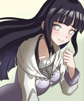 1girl blush breasts cleavage closed_mouth commentary_request highres hyuuga_hinata jacket konohagakure_symbol long_hair long_sleeves looking_at_viewer masasim naruto_(series) naruto_shippuuden no_pupils purple_hair purple_jacket simple_background solo upper_body zipper_pull_tab