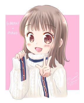 1girl blush border brown_eyes brown_hair choppy_bangs commentary_request cropped_torso dated hands_up long_sleeves looking_at_viewer medium_hair minami_kawa open_mouth original pink_background signature sleeves_past_wrists smile solo sweater turtleneck turtleneck_sweater w white_border white_sweater