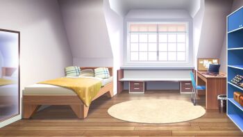 bed blanket bulletin_board chair computer computer_mouse day desk drawer flat_chest highres indoors laptop mirror no_humans non-web_source official_art our_life our_life:_beginnings_and_always pillow reflective_surface rug scenery seashell shell trash_can variant_set window_blinds window_light windowsill wooden_floor