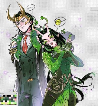 1boy 1girl alien animification black_hair cape fake_horns formal_clothes green_eyes guardians_of_the_galaxy gymnopedies2 highres horns loki_(marvel) long_hair long_sleeves mantis_(marvel) marvel marvel_rivals medium_hair short_hair simple_background smile suit thor_(marvel)_(series)