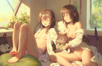 2girls bigrbear bottomless breasts brown_eyes brown_hair cleft_of_venus closed_eyes highres indoors long_hair medium_breasts multiple_girls navel nipples off_shoulder open_clothes open_mouth open_robe original panties pussy robe scar scar_on_stomach sitting small_breasts stuffed_animal stuffed_toy teddy_bear uncensored underwear white_panties