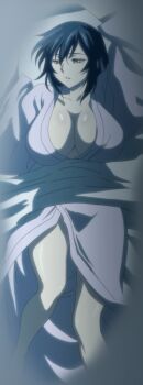 1girl absurdres blue_hair breasts cleavage hair_down highres huge_breasts japanese_clothes katana kimono large_breasts long_hair lying manyuu_chifusa manyuu_hikenchou night on_back open_clothes open_kimono presenting sleepy sword takagi_jun thighs weapon