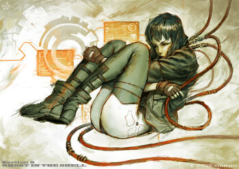 1girl ass boots cable cyborg female_focus fingerless_gloves ghost_in_the_shell gloves holding holding_cable jacket joints knees_to_chest kusanagi_motoko leotard lips miyazaki plug red_eyes robot_joints solo technology tube