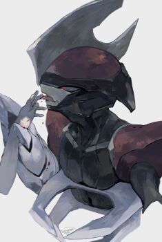 1other arm_blade arm_out_of_frame bisharp black_helmet black_trim bleeding blood blood_drop blood_in_mouth blood_on_hands facing_another gen_5_pokemon hand_on_another's_arm helmet highres holding_another's_arm injury kanami_(bprod) licking licking_another's_finger licking_another's_hand licking_blood licking_finger muted_color nintendo open_hand open_mouth outstretched_arm pokemon pokemon_(creature) red_eyes red_helmet red_trim shoulder_pads tongue tongue_out two-tone_helmet upper_body weapon white_background