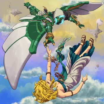 1boy 1girl armlet black_sclera blonde_hair bracelet braid breasts claws cleavage colored_sclera crown_braid dandagouglas dress earrings falling floating_island full_body highres hood hood_up hyrule_warriors jewelry link long_dress medium_breasts necklace nintendo outstretched_hand pointy_ears princess_zelda sandals sidelocks strapless strapless_dress teardrop_facial_mark the_legend_of_zelda the_legend_of_zelda:_tears_of_the_kingdom white_dress wings yellow_eyes