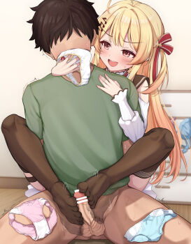 1boy 1girl ahoge bar_censor black_hair black_thighhighs blonde_hair blue_panties bottomless bow bow_panties censored commentary_request erection faceless faceless_male feet footjob footjob_from_behind fortissimo green_shirt hair_ornament hair_ribbon hetero highres holding holding_panties holding_underwear holding_unworn_clothes hololive hololive_dev_is indoors long_hair musical_note musical_note_hair_ornament no_shoes non_non_moral open_mouth otonose_kanade paid_reward_available panties penis pink_panties red_eyes red_ribbon ribbon shirt short_hair short_sleeves smelling smelling_clothes smelling_underwear teeth testicles textless_version thighhighs toes two-footed_footjob underwear unworn_panties upper_teeth_only variant_set very_short_hair virtual_youtuber white_panties