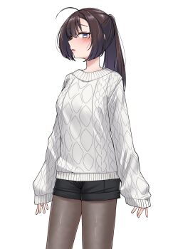 1girl absurdres ahoge akizuki_(kancolle) alternate_costume black_hair black_pantyhose black_shorts commentary_request grey_eyes highres kantai_collection kiritto looking_at_viewer pantyhose ponytail profile shorts simple_background sleeves_past_wrists solo standing sweater white_background white_sweater