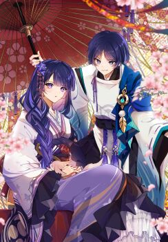 1boy 1girl abstract_background alternate_costume animal blue_eyes blue_hair blue_pupils blunt_bangs blurry blurry_background braid cherry_blossoms commentary_request crossed_legs floral_print floral_print_kimono flower flower_ornament fox fox_girl friends frilled_kimono frilled_sleeves frills genshin_impact hair_between_eyes hair_ornament hair_over_shoulder highres holding holding_umbrella japanese_clothes jewelry kimono leaning_forward leaning_to_the_side long_braid long_hair long_sleeves looking_at_viewer looking_down looking_to_the_side mitsudomoe_(shape) mole mole_under_eye mother_and_son motion_blur multicolored_eyes multicolored_hair oil-paper_umbrella open_mouth outdoors pendant print_kimono purple_eyes purple_flower purple_kimono raiden_shogun red_sash ribbon sash scaramouche_(genshin_impact) shade short_hair single_braid sitting smirk standing streaked_hair takoyan_(g_autumn) teeth tomoe_(symbol) umbrella upper_body vision_(genshin_impact) wanderer_(genshin_impact) wide_sleeves yae_miko yae_miko_(fox)