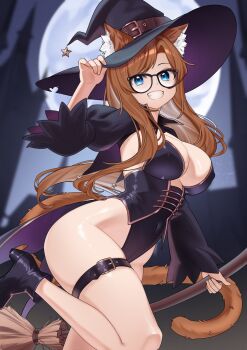 1girl animal_ear_fluff animal_ears belt belt_buckle black_belt black_leotard black_shoes black_shrug blue_eyes blurry blurry_background braid breasts broom brown_belt brown_hair buckle character_request coattails collarbone commentary commission copyright_request covered_navel curvy english_commentary glasses grin halloween halloween_costume hand_on_headwear hat hat_belt hat_tip high_heels highleg highleg_leotard highres holding holding_broom large_breasts leg_up leotard long_hair long_sleeves looking_at_viewer rainenleaf shoes shrug_(clothing) smile solo star_(symbol) strapless strapless_leotard tail teeth thick_thighs thigh_belt thigh_strap thighs wide_hips witch witch_hat ych_commission