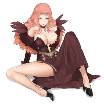1girl arm_support bare_shoulders belt black_shoes blue_eyes breasts brown_dress center_opening circlet cleavage cornelia_arnim dress feathers female_focus fire_emblem fire_emblem:_three_houses forehead_jewel high_heels highres j@ck large_breasts long_hair looking_at_viewer mature_female nintendo pink_hair shoes side_slit simple_background sitting solo spread_legs white_background