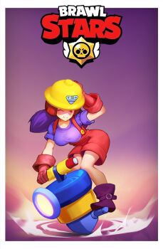 1girl adjusting_clothes adjusting_headwear boots brawl_stars breasts gloves goggles hard_hat hat helmet highres jackhammer jacky_(brawl_stars) large_breasts one_eye_closed overalls purple_boots purple_hair purple_shirt qc_pan red_gloves red_overalls red_shorts shirt short_sleeves shorts smile solo twintails yellow_hat