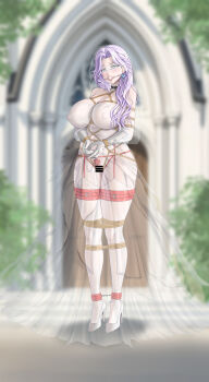 1girl absurdres ball_gag bar_censor bdsm bondage bondage_cuffs bound bound_ankles bound_arms bound_breasts bound_legs bound_torso bound_wrists bridal_veil bride censored collar copyright_request dress elbow_gloves female_focus flower gag gagged gloves highres long_hair neglect_play outdoors purple_hair restrained rope rose shibari shibari_under_clothes slave solo standing stealth_bondage strapless strapless_dress variant_set veil wedding wedding_dress white_dress yukumo_no_ki