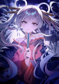 Rule 34 | 1girl, aerial fireworks, backlighting, bare shoulders, blue eyes, blue kimono, cho kaguya-hime!, closed mouth, fireworks, floating hair, grey hair, hair ornament, hair rings, hair stick, hand fan, hashtag-only commentary, highres, holding, holding fan, japanese clothes, kimono, long hair, long sleeves, looking at viewer, night, octopus, runami yachiyo, sky, smile, solo, sussasuem, twintails