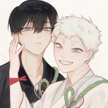 Rule 34 | 2boys, black hair, closed mouth, commentary, english commentary, grey eyes, grin, height difference, highres, hikaru ga shinda natsu, hikayoshifann, indou hikaru, japanese clothes, male focus, mole, mole on cheek, mole on neck, mole under eye, mole under mouth, multiple boys, scar, scar on neck, short eyebrows, short hair, simple background, smile, tsujinaka yoshiki, white background, white hair