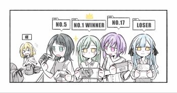>_< 5girls ave_mujica_(bang_dream!) bang_dream! bang_dream!_it's_mygo!!!!! black_hair black_ribbon blonde_hair blue_eyes blue_hair chinese_commentary closed_mouth commentary_request controller dualshock english_text flying_sweatdrops game_controller gamepad green_hair hair_ribbon handheld_game_console highres holding holding_controller holding_game_controller looking_at_another medium_hair misumi_uika multiple_girls nintendo_ds nintendo_switch open_mouth pink_eyes playstation_controller purple_hair ra_reityalice ribbon shirt sparkle sweatdrop togawa_sakiko two_side_up wakaba_mutsumi yahata_umiri yellow_eyes yuutenji_nyamu
