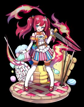 absurdres black_background blue_eyes blush breasts butter candy cleavage elbow_gloves fire flaming_weapon food full_body gloves highres holding holding_sword holding_weapon lollipop long_hair medium_breasts merc_storia merc_storia_art_team miniskirt off-shoulder_shirt off_shoulder official_art open_mouth pink_shoes pocky red_hair reverse_grip shirt shoes sidelocks simple_background skirt smile solo standing striped_clothes striped_skirt sweets swirl_lollipop sword syrup_(merc_storia) tachi-e thighhighs twintails two-tone_shirt vertical-striped_clothes vertical-striped_skirt weapon white_gloves white_thighhighs