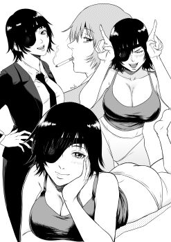 1girl absurdres artist_name black_hair breasts chainsaw_man cigarette commentary english_commentary eyepatch formal_clothes greyscale highres himeno_(chainsaw_man) horns_pose kei_dragonsheaven monochrome necktie short_hair solo suit