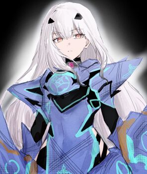 1girl armor black_background blue_armor fate/grand_order fate_(series) hair_ornament highres long_hair looking_at_viewer melusine_(fate) melusine_(first_ascension)_(fate) nekwnek pauldrons shoulder_armor simple_background solo very_long_hair white_hair yellow_eyes