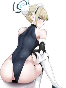 1girl anus bar_censor blonde_hair blue_archive blue_eyes blush breasts censored clothing_aside female_focus highres long_hair looking_back medium_breasts pussy simple_background sitting solo toki_(blue_archive) white_background