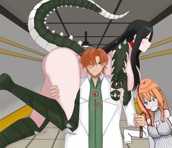 2girls angry bite_mark bite_mark_on_neck blue_eyes breasts brown_hair carrying carrying_over_shoulder carrying_person claws collar commentary english_commentary highres huge_breasts jack_bright jewelry large_breasts leash long_hair looking_at_viewer mature_female monster_girl multiple_girls nude orange_hair red_eyes reptile_girl reptilia_queen scales scar scar_on_chest scar_on_face scar_on_nose scp-682 scp-999 scp_foundation sleeves_past_fingers sleeves_past_wrists slime_girl smile tail teeth yellow_eyes